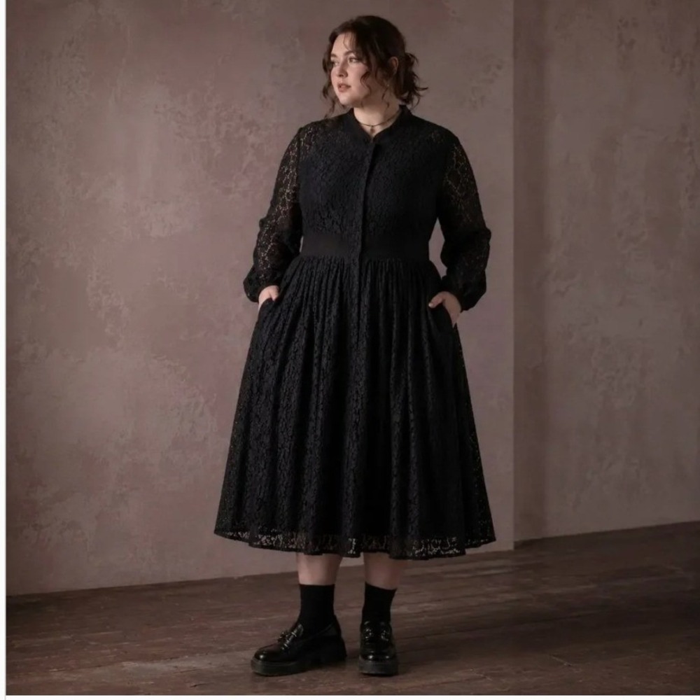 Girl with Curves x Lane Bryant Black Lace Button Front Midi Dress SZ22 Gothic